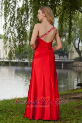 Red One Shoulder Floor-length Beading Prom Dress