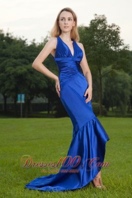 Mermaid Royal Blue V-neck Brush Train Prom / Celebrity Dress