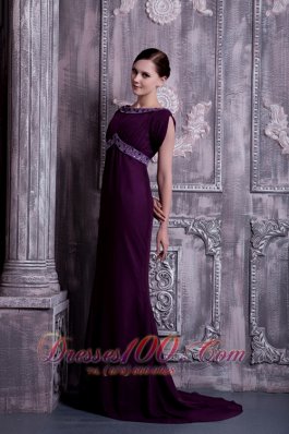 Chiffon Mother Of The Bride Dress Bateau Beading Brush Train