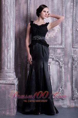 Straps Beading Brush Train Black Evening Dress