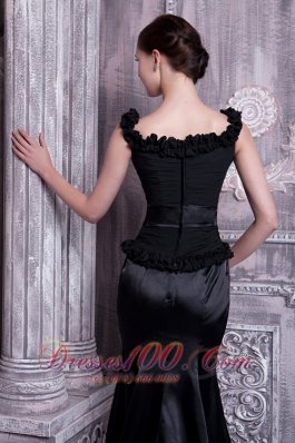 Straps Beading Brush Train Black Evening Dress