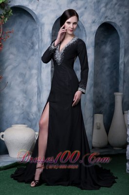 High Slit Mother Of The Bride Dress V-neck Beading