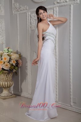 White One Shoulder Beading Brush Train Prom Dress Evening