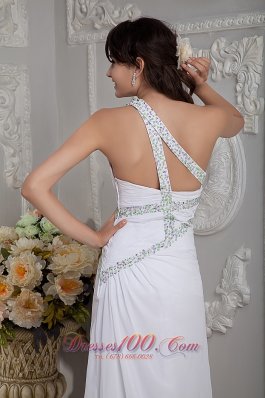 White One Shoulder Beading Brush Train Prom Dress Evening