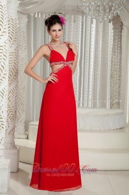 Straps Beading Red Chiffon Evening Dress