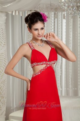 Straps Beading Red Chiffon Evening Dress