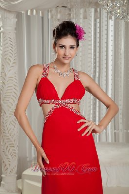 Straps Beading Red Chiffon Evening Dress