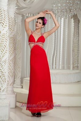 Straps Beading Red Chiffon Evening Dress