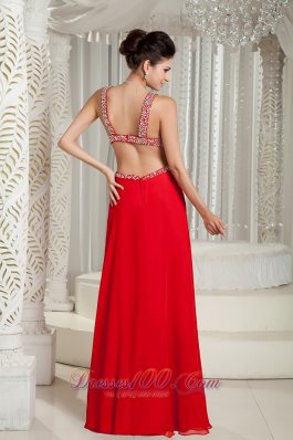 Straps Beading Red Chiffon Evening Dress