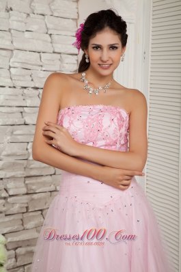 Beading Baby Pink Tulle Floor-length Prom / Evening Dress