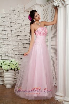 Beading Baby Pink Tulle Floor-length Prom / Evening Dress