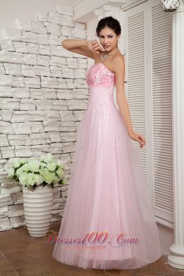 Beading Baby Pink Tulle Floor-length Prom / Evening Dress