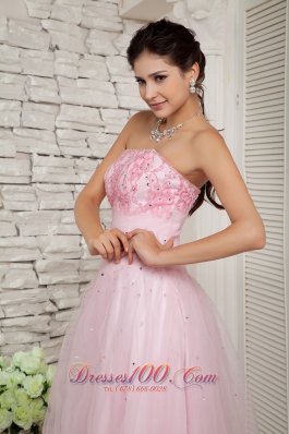 Beading Baby Pink Tulle Floor-length Prom / Evening Dress