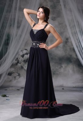 Straps Beaded Navy Blue Chiffon Prom / Evening Dress