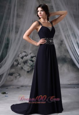 Straps Beaded Navy Blue Chiffon Prom / Evening Dress