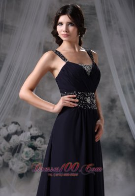 Straps Beaded Navy Blue Chiffon Prom / Evening Dress