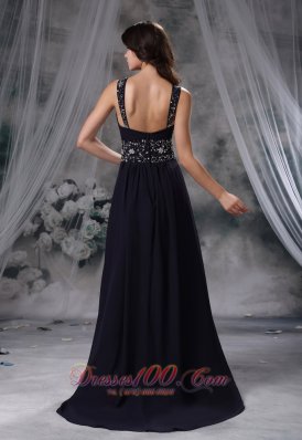 Straps Beaded Navy Blue Chiffon Prom / Evening Dress