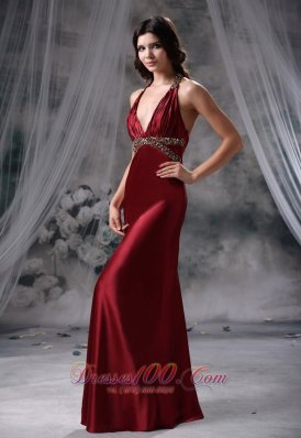 Burgundy Halter Beaded Floor-length Prom / Evening Dress