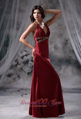 Burgundy Halter Beaded Floor-length Prom / Evening Dress