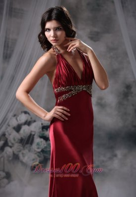 Burgundy Halter Beaded Floor-length Prom / Evening Dress