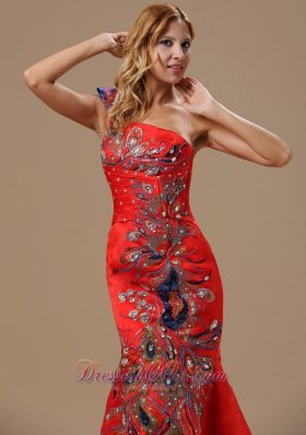 Embroidery Red One Shoulder Prom Celebrity Dress Mermaid Style