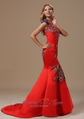 Embroidery Red One Shoulder Prom Celebrity Dress Mermaid Style