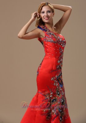 Embroidery Red One Shoulder Prom Celebrity Dress Mermaid Style