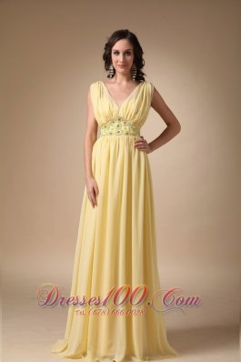 V-neck Chiffon Yellow Prom Celebrity Dress Pleated