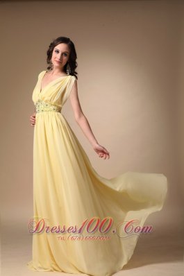 V-neck Chiffon Yellow Prom Celebrity Dress Pleated