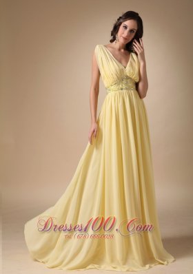 V-neck Chiffon Yellow Prom Celebrity Dress Pleated