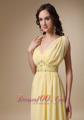 V-neck Chiffon Yellow Prom Celebrity Dress Pleated