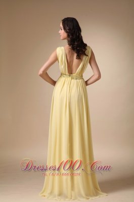 V-neck Chiffon Yellow Prom Celebrity Dress Pleated