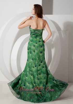 Peacock Like High Slit Printing Prom Dress 2013 Beaded