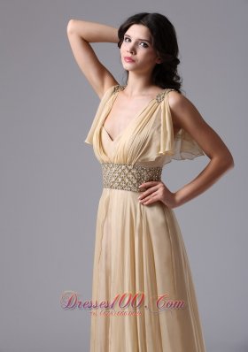 Butterfly Sleeves Beaded V-neck Waistband Prom Gown