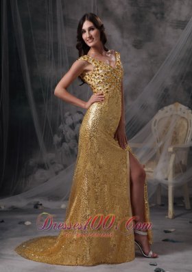 Stunning Gold Sequin Straps V-neck Evening Dress Beaded
