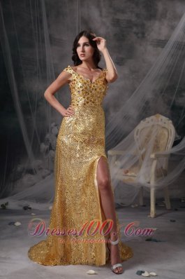 Stunning Gold Sequin Straps V-neck Evening Dress Beaded