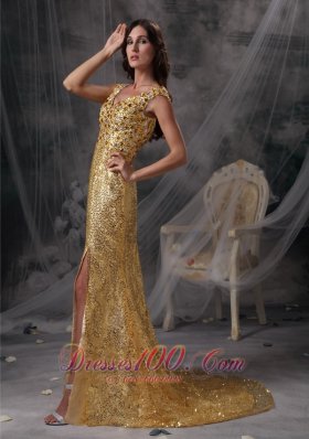 Stunning Gold Sequin Straps V-neck Evening Dress Beaded