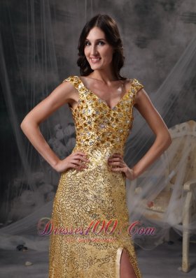 Stunning Gold Sequin Straps V-neck Evening Dress Beaded