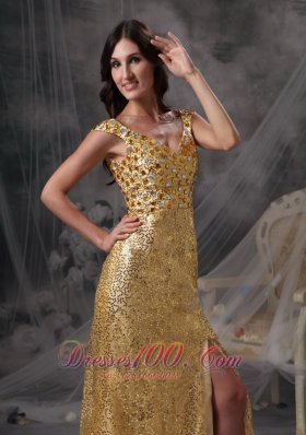 Stunning Gold Sequin Straps V-neck Evening Dress Beaded