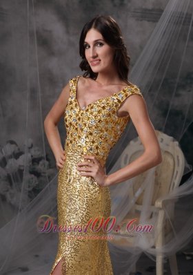 Stunning Gold Sequin Straps V-neck Evening Dress Beaded