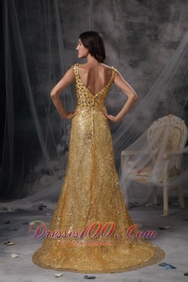 Stunning Gold Sequin Straps V-neck Evening Dress Beaded