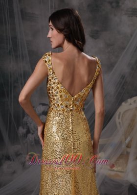 Stunning Gold Sequin Straps V-neck Evening Dress Beaded