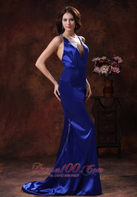 Sexy V-neck Mermaid Royal Blue Evening Dress Halter Strap