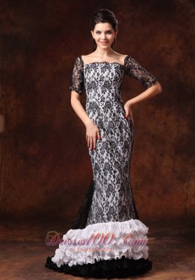 Half Sleeves Square Lace Overlay Layered Prom Celebrity Gown