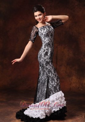 Half Sleeves Square Lace Overlay Layered Prom Celebrity Gown