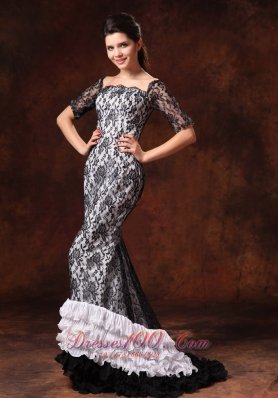 Half Sleeves Square Lace Overlay Layered Prom Celebrity Gown