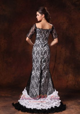 Half Sleeves Square Lace Overlay Layered Prom Celebrity Gown