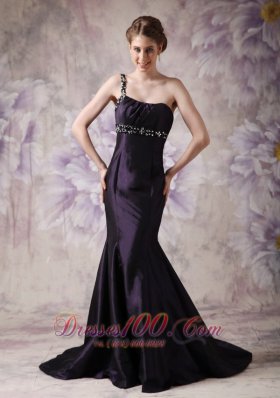 Brush Mermaid Dark Purple One Shoulder Evening Dress Beaded