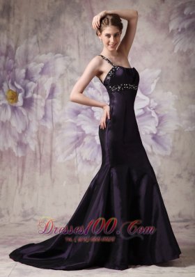 Brush Mermaid Dark Purple One Shoulder Evening Dress Beaded