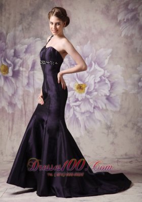 Brush Mermaid Dark Purple One Shoulder Evening Dress Beaded